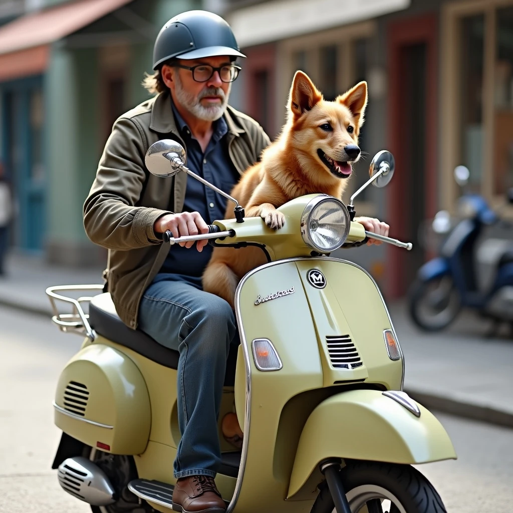 man and his pet dog riding a vespa emoji