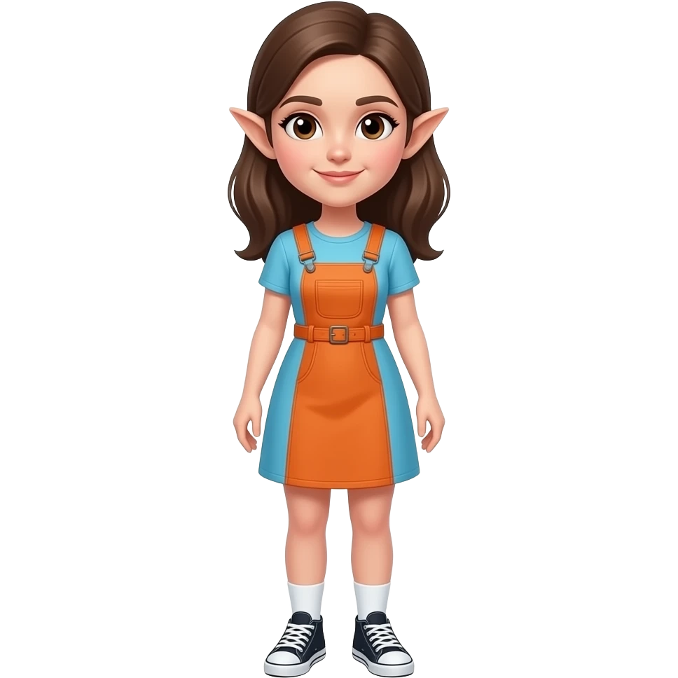 A white/fair skinned woman with brown hair, brown eyes and pointy ears, and wearing a cyan blue and orange dress with white socks and black sneakers. emoji