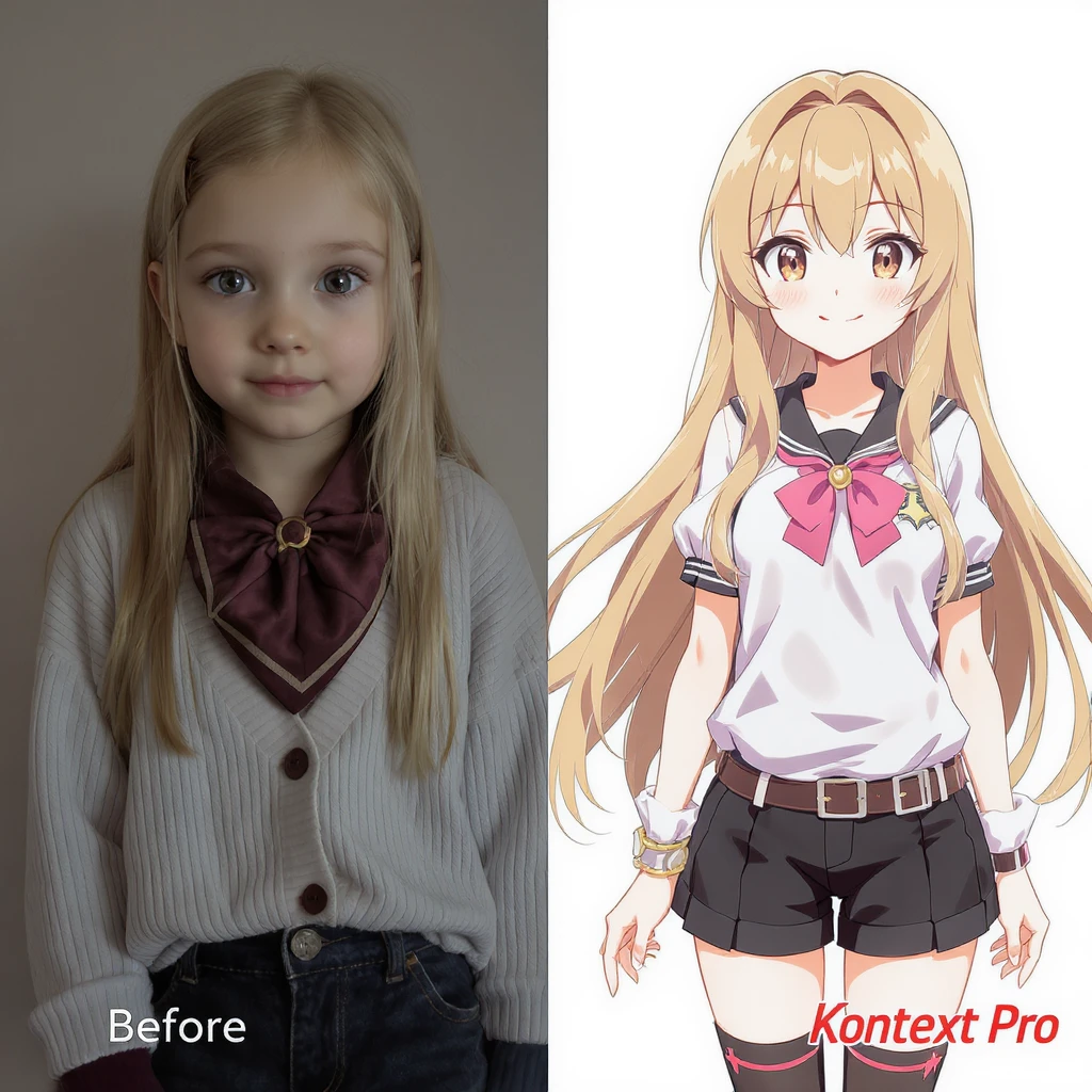 create before after image of a girl before is realsitic photo, after is anime version of her in same pose and clothes, add logo with text of a "FLUX Kontext Pro" emoji