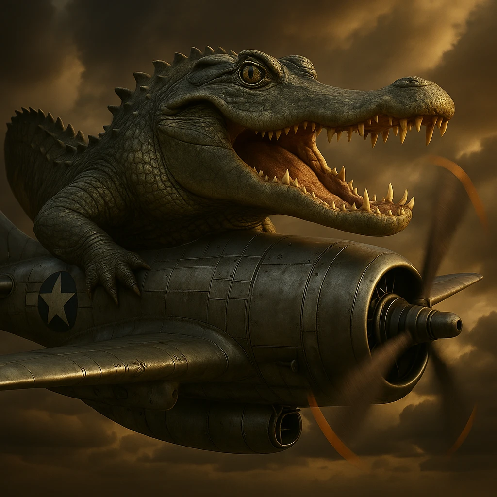 Create a single, realistic, metallic bomber plane that merges lifelike crocodile features with classic bomber plane elements. Include detailed textures and dramatic lighting in a photorealistic style. emoji