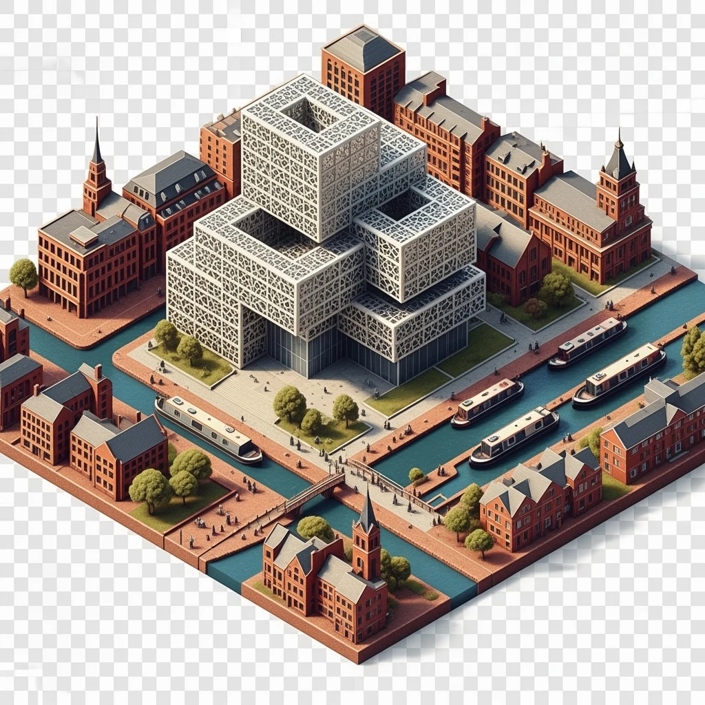 Isometric illustration of Birmingham, featuring the Library of Birmingham with its modern architecture and nearby canals, highly detailed in semi-realistic style, balanced between stylized and realistic, 3D miniature effect, transparent background. emoji