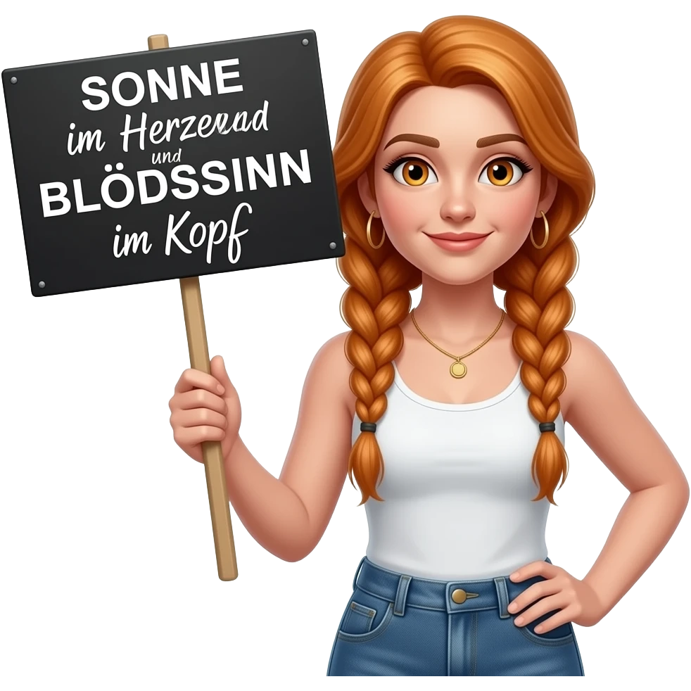 sexy girl with long ginger braids and ginger eyes wearing a white tanktop is holding a black sign with SONNE im Herzen und BLÖDSINN im Kopf written on it emoji