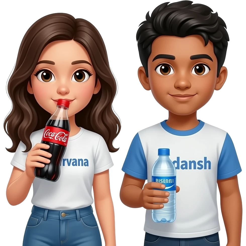 Girl holding a Coca Cola bottle in her mouth with urrvana written on her t shirt and boy holding a bisleri water bottle with vedansh written on his t shirt girls bottle should be black and red and boys should be transparent emoji