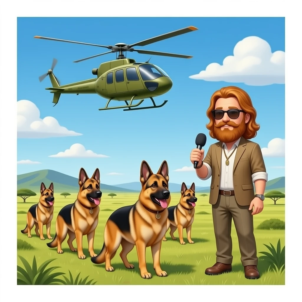 Seven K9 german sheppards surrounding serengeti plains patrol with news anchor sky chopper interviewing ginger-bearded hippie sunglasses emoji
