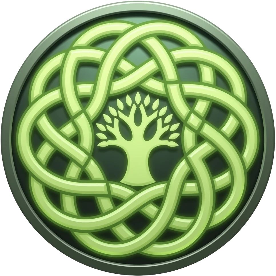emblem with glowing celtic knot with tree of life and fire with hint of green emoji