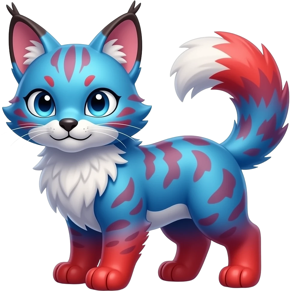 Cute kawaii cool edgy badass vibrant cyan-cobalt-blue-to-crimson-red gradient-colored iridescent glossy fur fantasy-caracal-civet-genet-sergal-vernid-Gryphon-Cacomistle-Trico-oncilla-animal-Fakémon-hybrid-fursona (full body), facial markings, (realism style) emoji