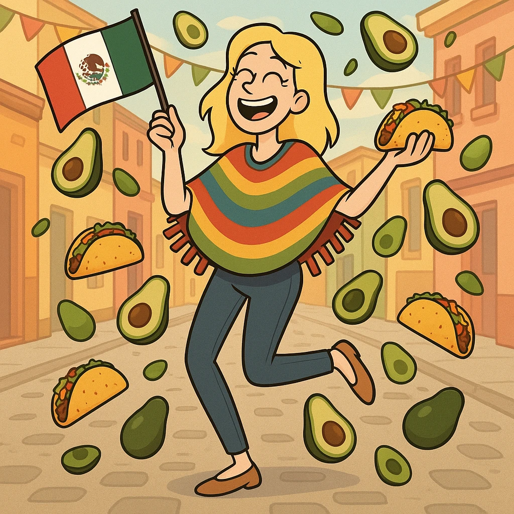 playful cartoon of a tall blonde woman, colorful poncho, smiling, holding taco and avocado, waving Mexico flag, dancing in the street, surrounded by tacos and avocados, street party scene emoji
