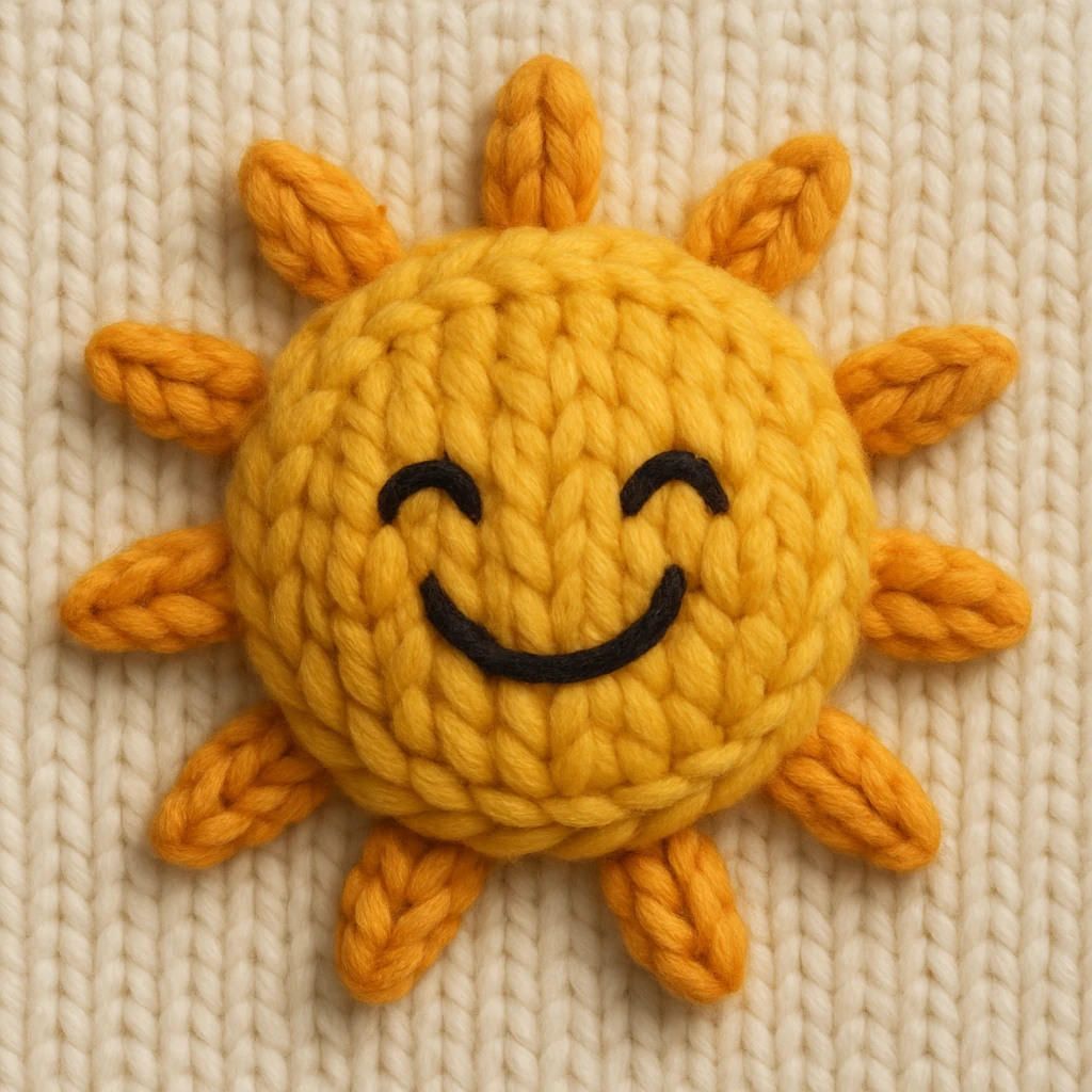 a smiling sun in knitted patch style, warm yellow and orange yarn, with stitched rays and a cheerful face emoji