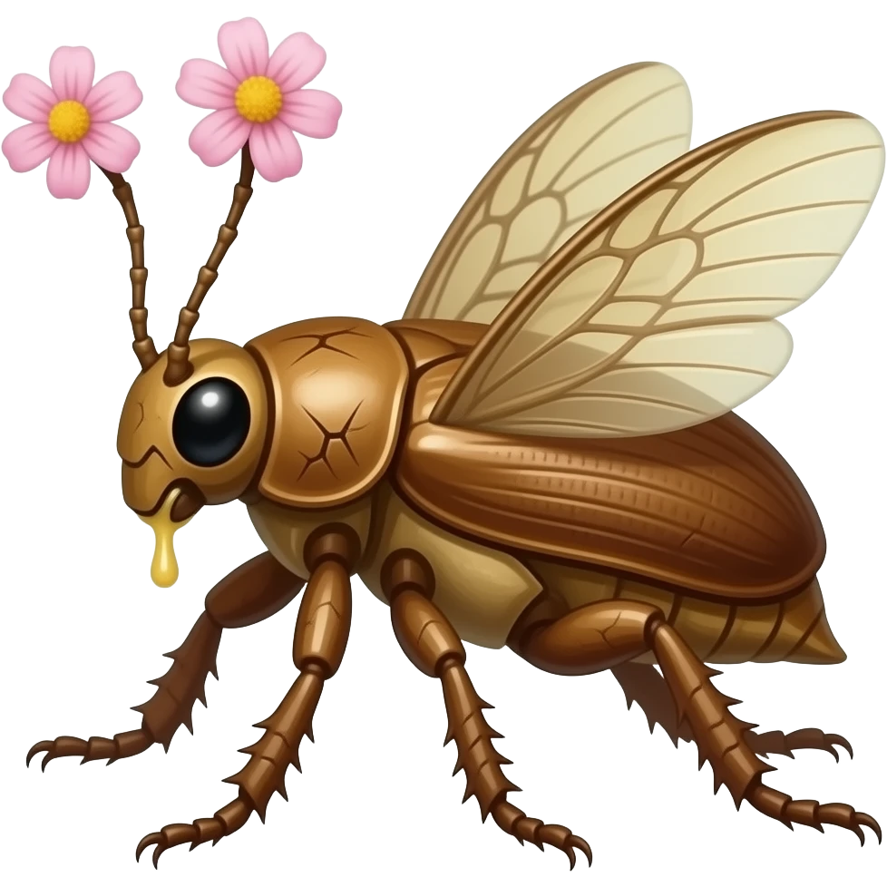 Flying Walkingstick beetle crawler with sticky sap in cracks in its bark-like body. petal wings it's made of bark but has a shell on its back, it has spikes and runs fast with all its limbs. It's full of pink petal markings, petal bark body, flower antennas emoji