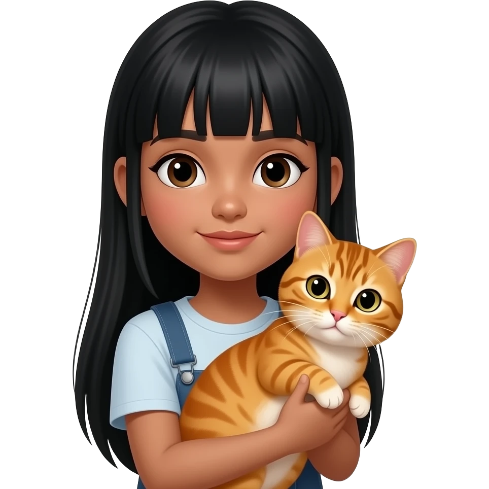 Une fille adolescente avec une peau "tan skin" avec des cheveux lisses très longs noir style clean girl qui tient et câline un chat orange emoji