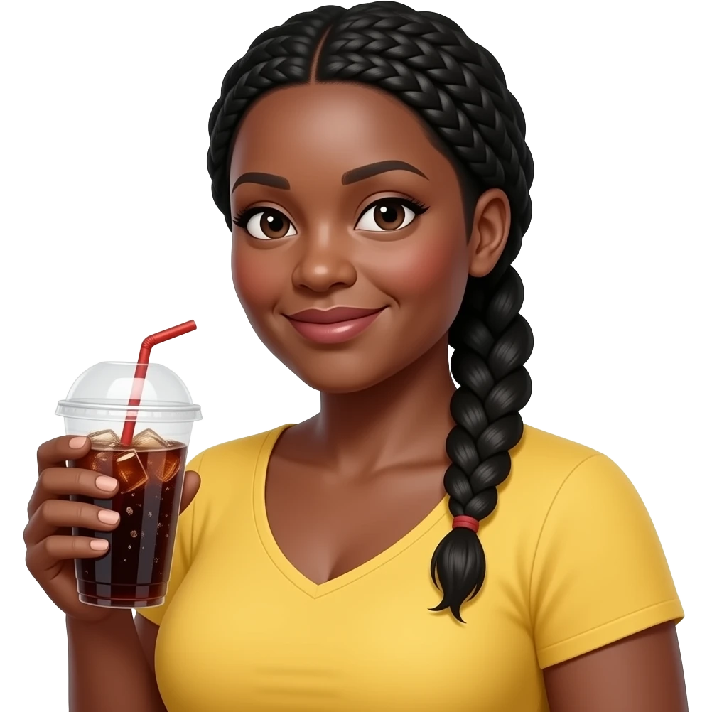 chubby professional black woman in her 40s with long thin hair braids pulled back wearing a yellow top and holding cup of soda emoji