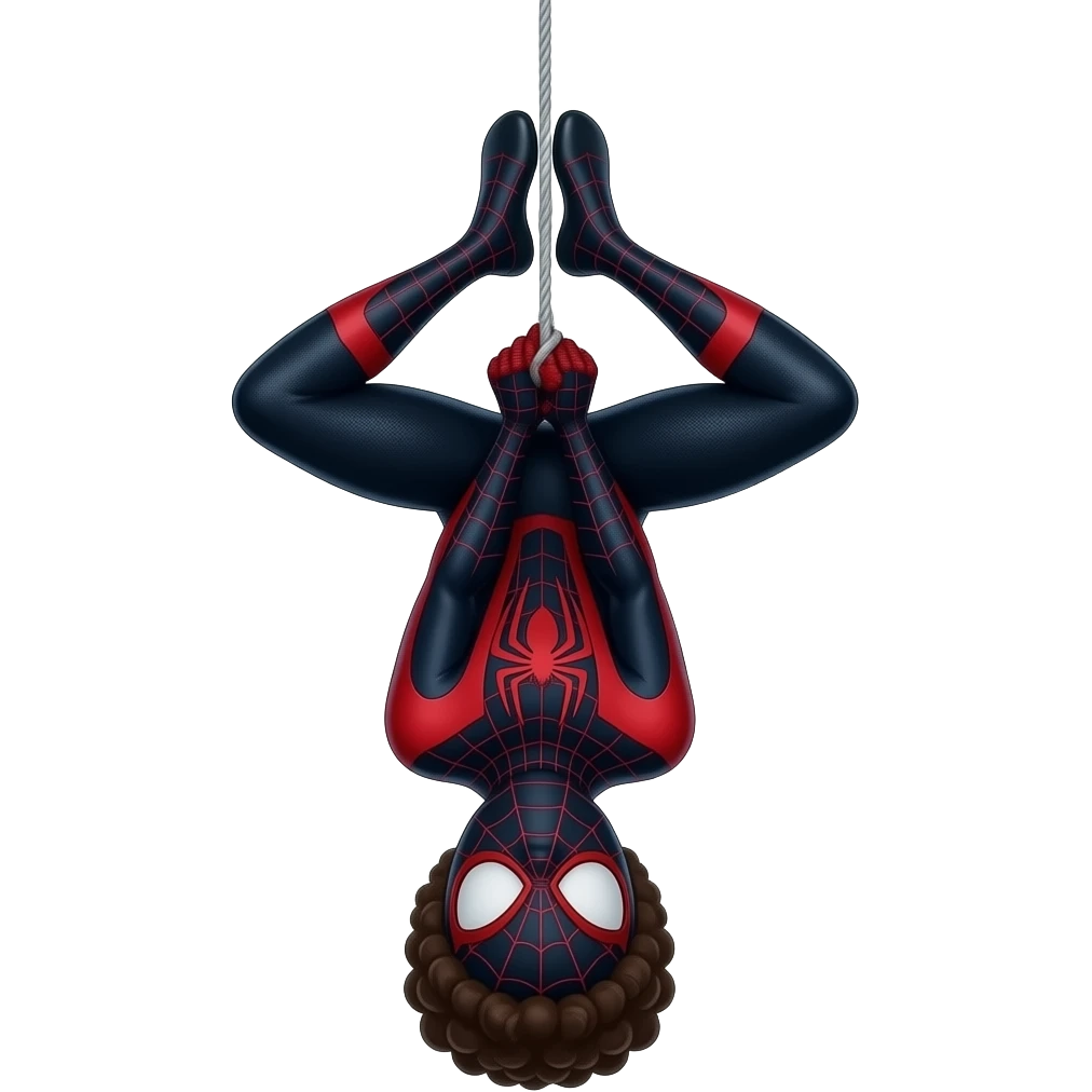 Spiderman miles morales wearing his mask too in his black and red suit hanging upside-down through web string emoji