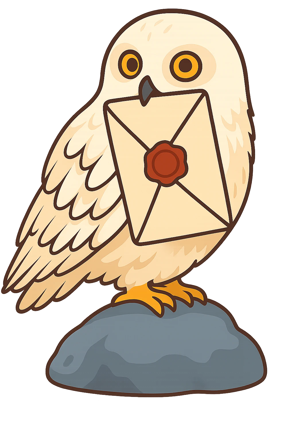 Convert the owl holding the Hogwarts letter in its beak into a hand-drawn vector style with no outlines, clear shadows and highlights. Preserve the shape and details of the owl and the letter as in the reference image, but change the style to a clean vector illustration. No background. emoji