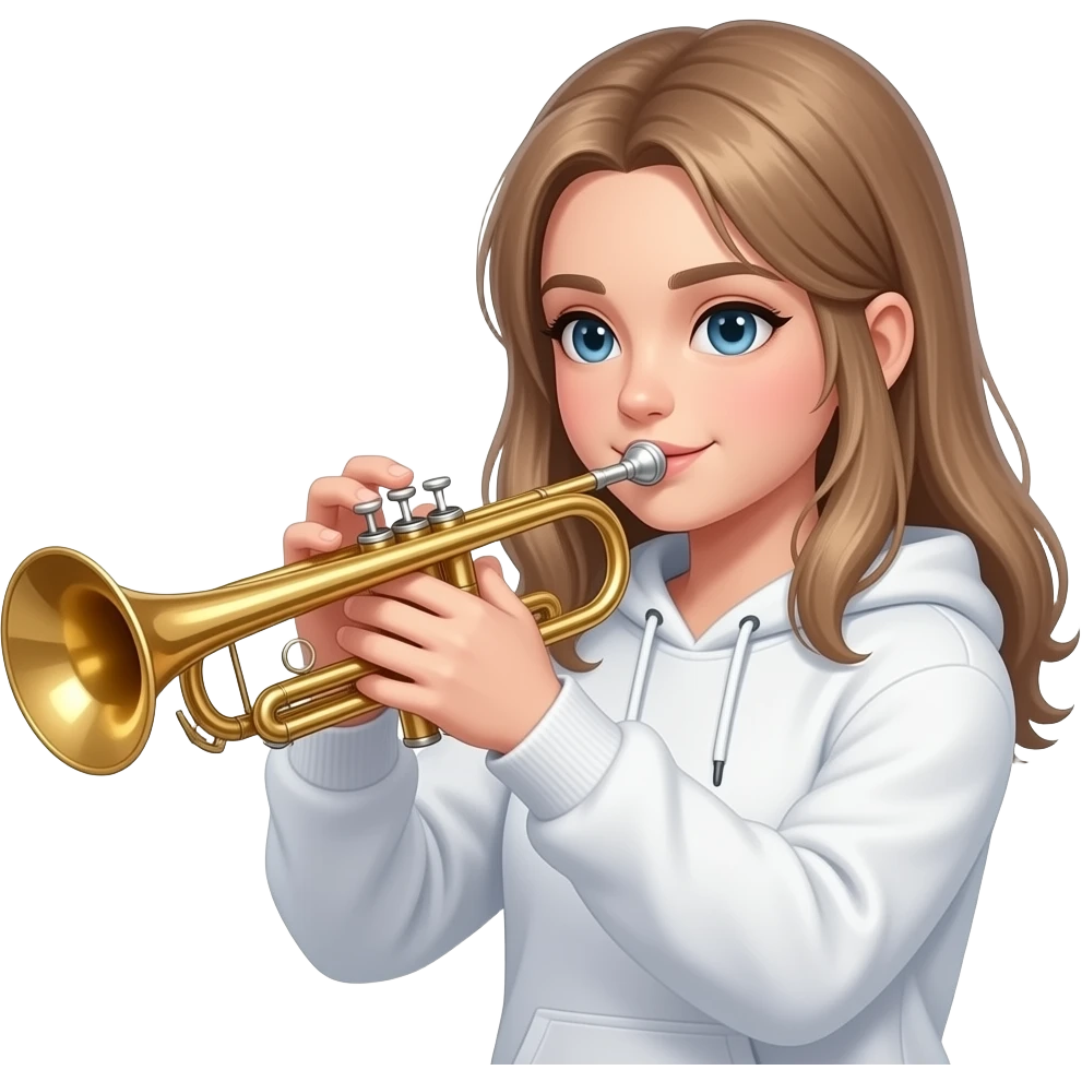 white girl with blonde hair messy straight  dirty blonde almost brownhair playing trumpet with a white hoodie on no bangs emoji