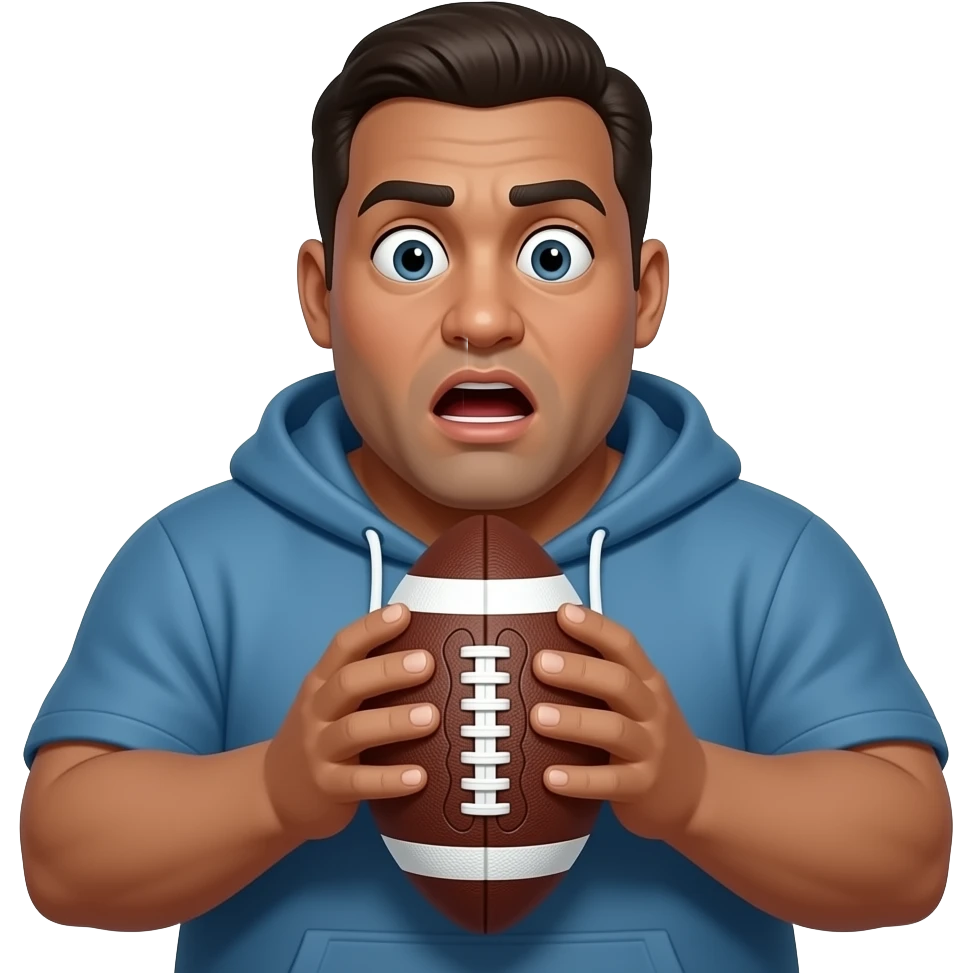A medium skin toned fat man looking at a football, shocked emoji