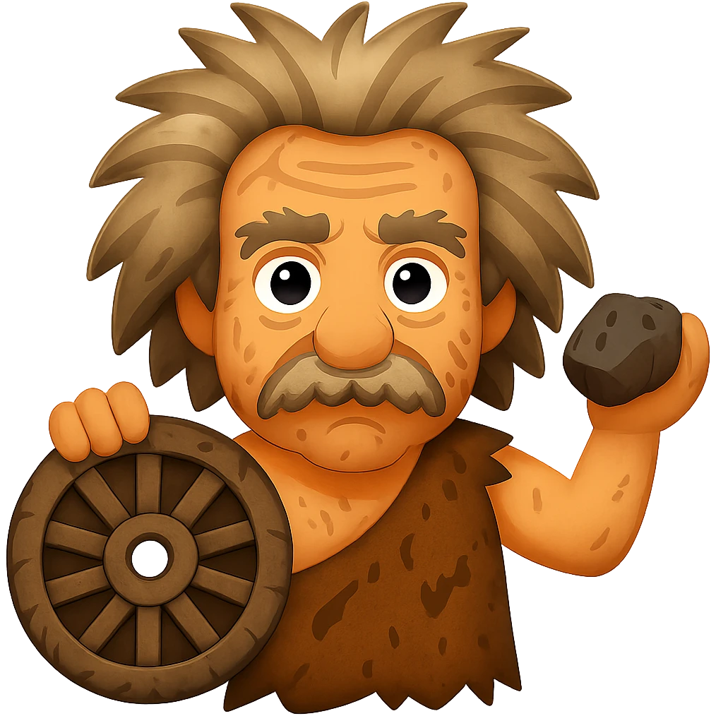 Make Albert Einstein as a caveman with a stone wheel look more primitive, with rougher clothing, messy hair, and a more rugged appearance, in emoji style with no background. emoji