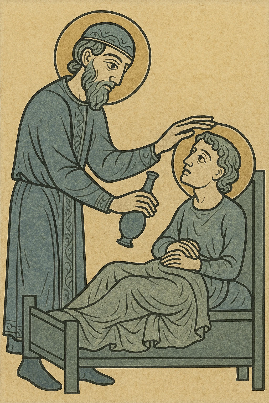 medieval physician examining a patient, historical medieval art style emoji