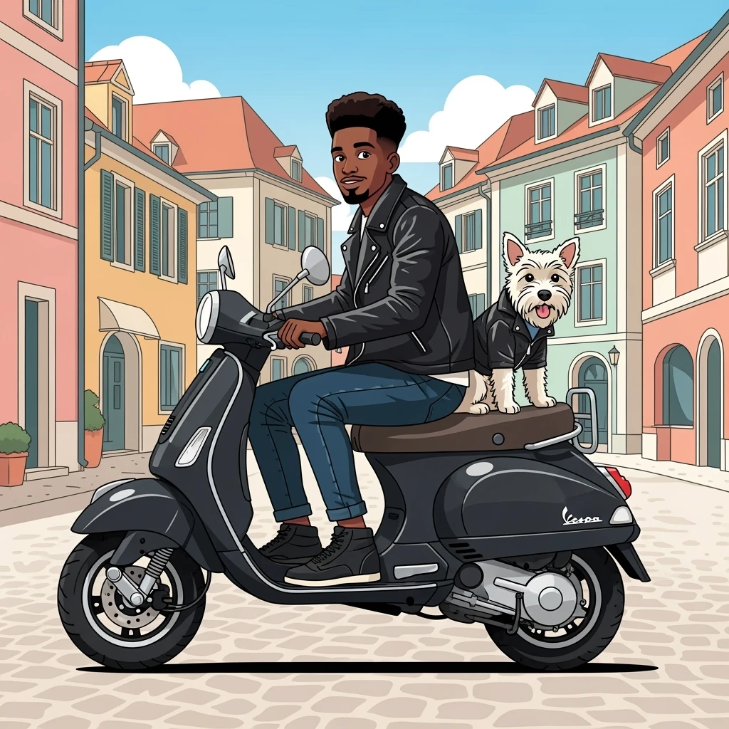 vector art of a man and his pet dog riding a vespa, for website design  emoji