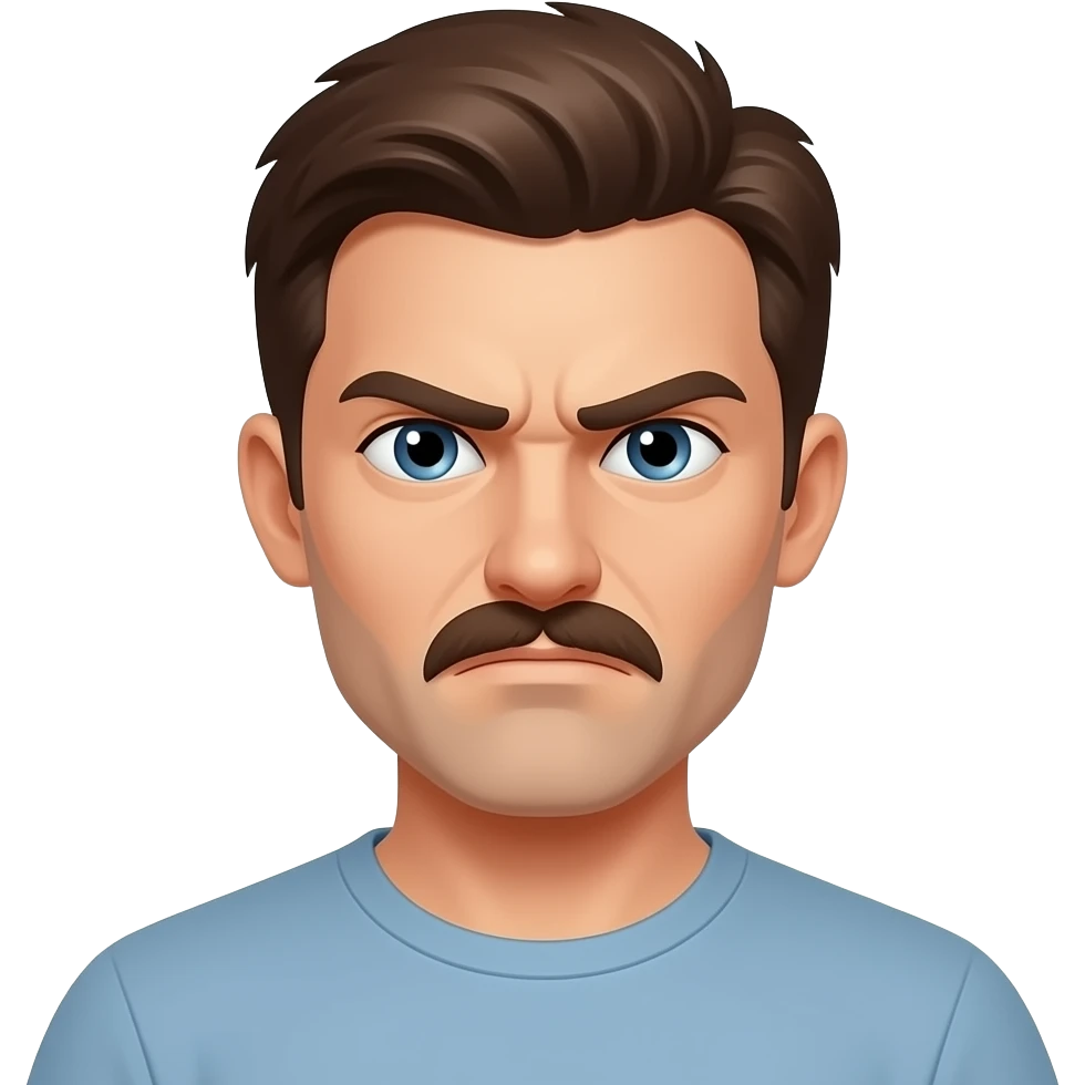 man with brown small mustache that looks angry emoji