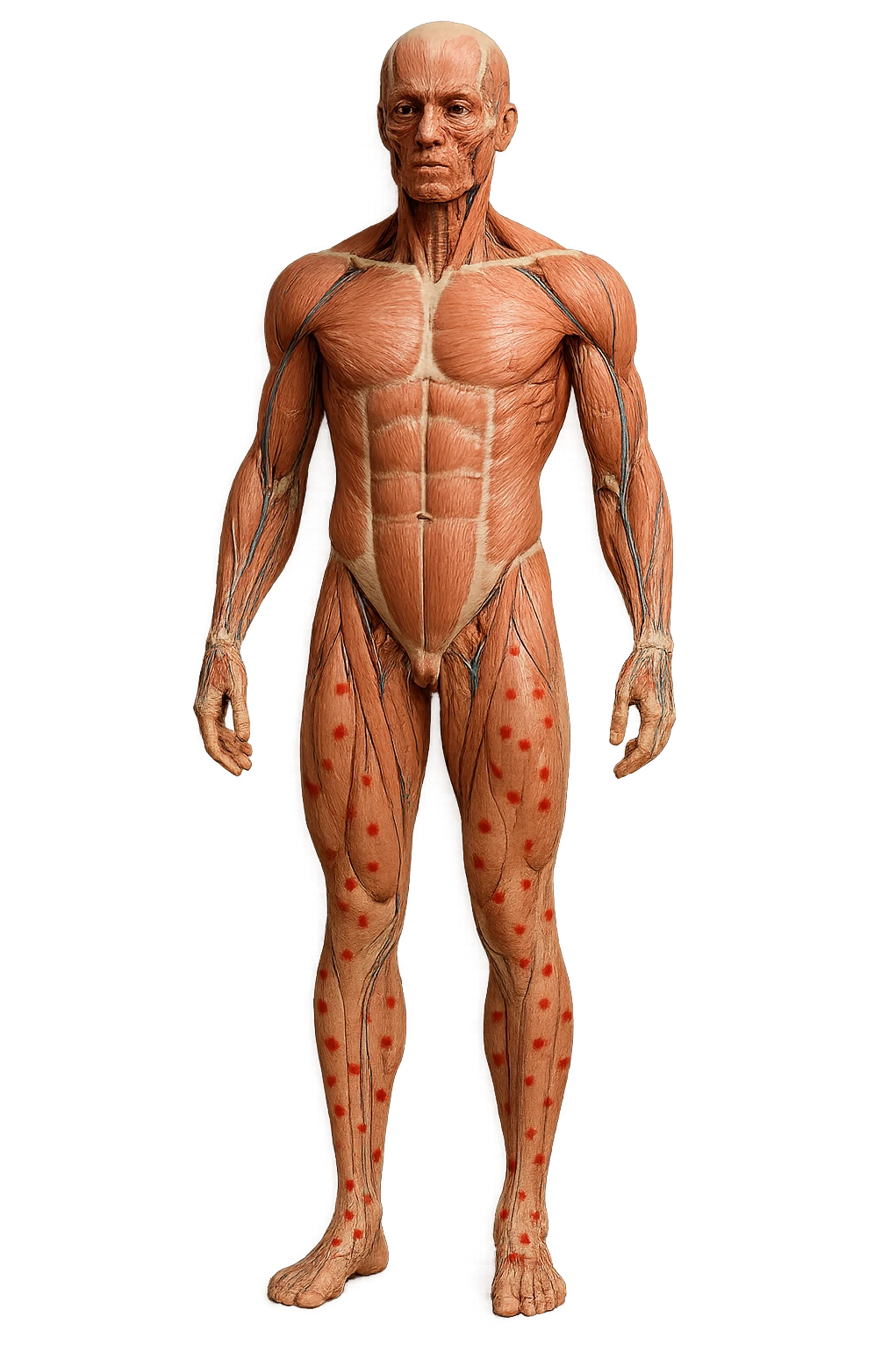 corpo umano anatomico a figura intera con red spot sparsi sulle gambe, iperrealistica in 3d emoji