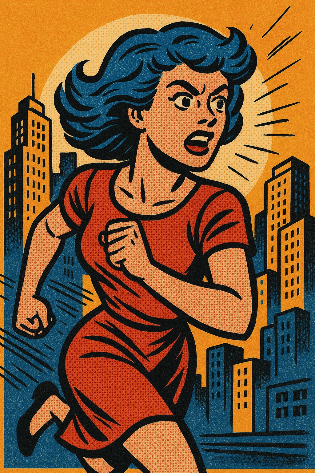 Woman with blue hair running in a city emoji
