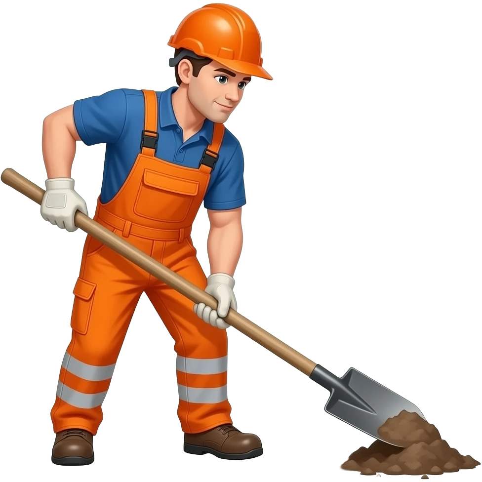 man in full orange hi-vis overalls with sleeves shovelling emoji