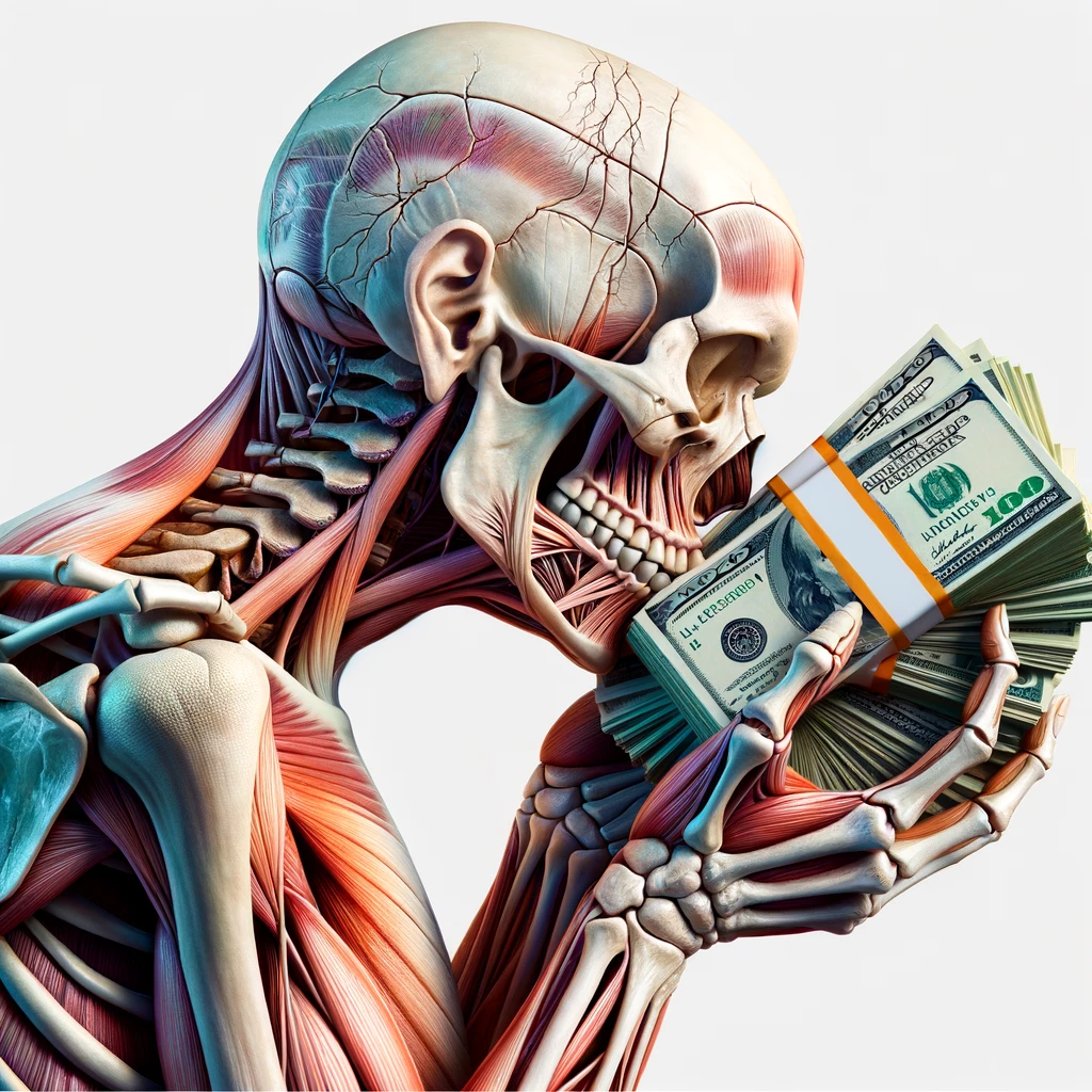 corpo umano anatomico che bacia una mazzetta di banconote, iperrealistica 4k, isolato su sfondo bianco emoji