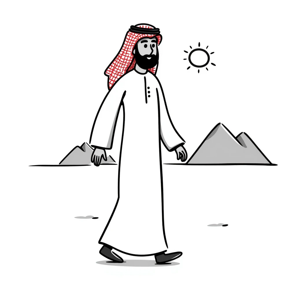 Arab man walking in desert, wearing white thobe and red checkered keffiyeh emoji