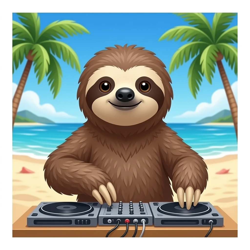 sloth as a DJ on the beach and beautiful girls emoji
