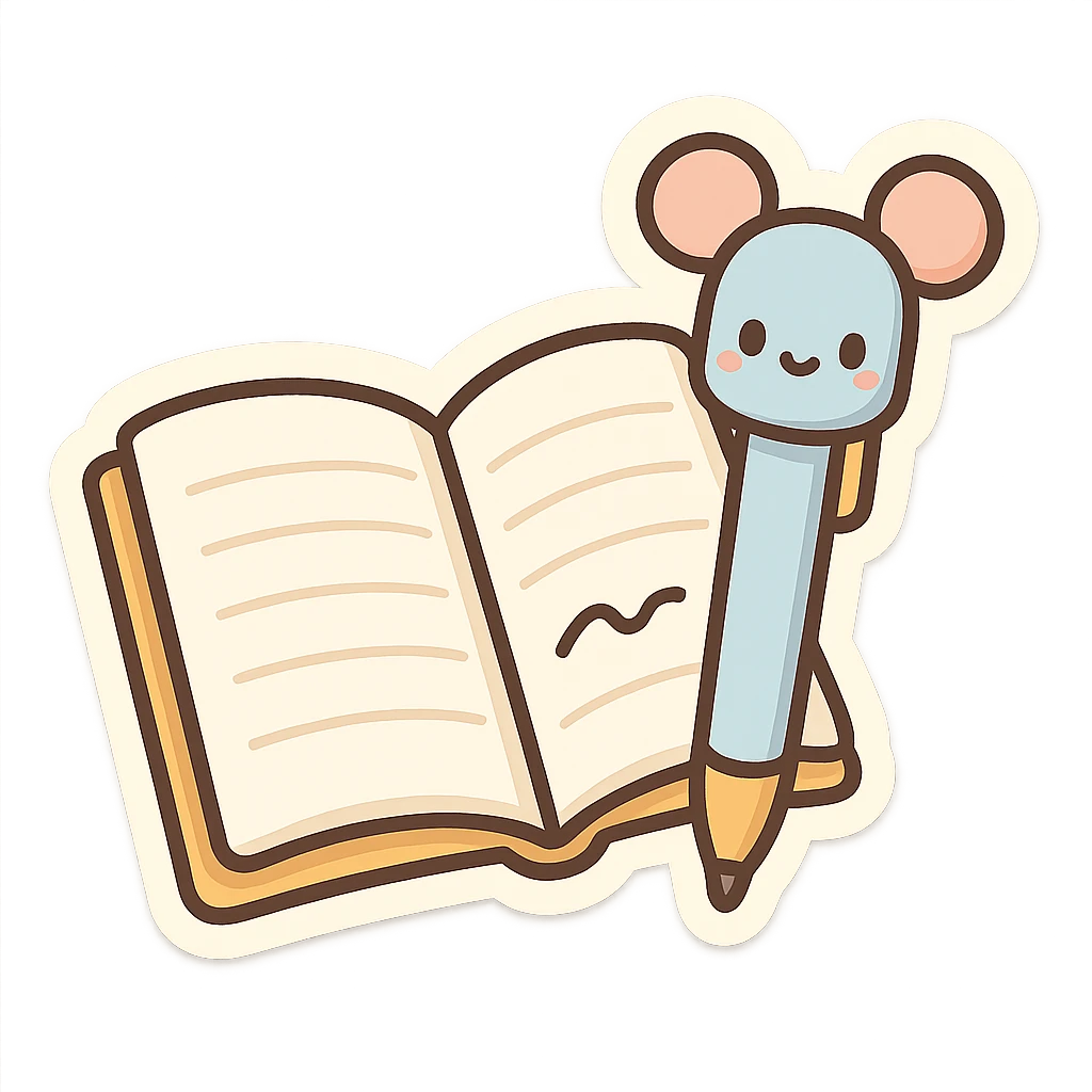 open notebook with a cute pen with ears on the side, chibi stickers style, cartoonish, friendly emoji