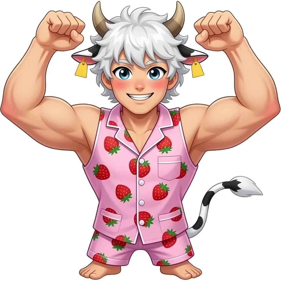 white-haired curly anime buff manly guy with long white eylashes with cow horns and cow ears with cow tail with yellow tags in both cow ears poses in caramel dance pose with his fists up to his head with red blush on his cheeks in pink pajamas with strawberries emoji