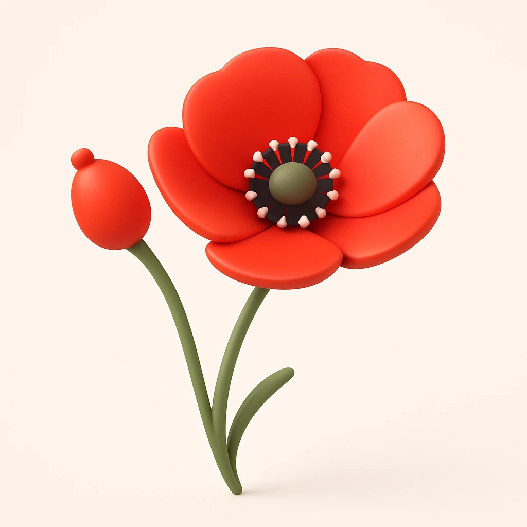 Create a 3D illustration of three red poppies with buds in iOS style: bright colors, soft shadows, glossy shine, smooth shapes, white background, modern minimalism. emoji