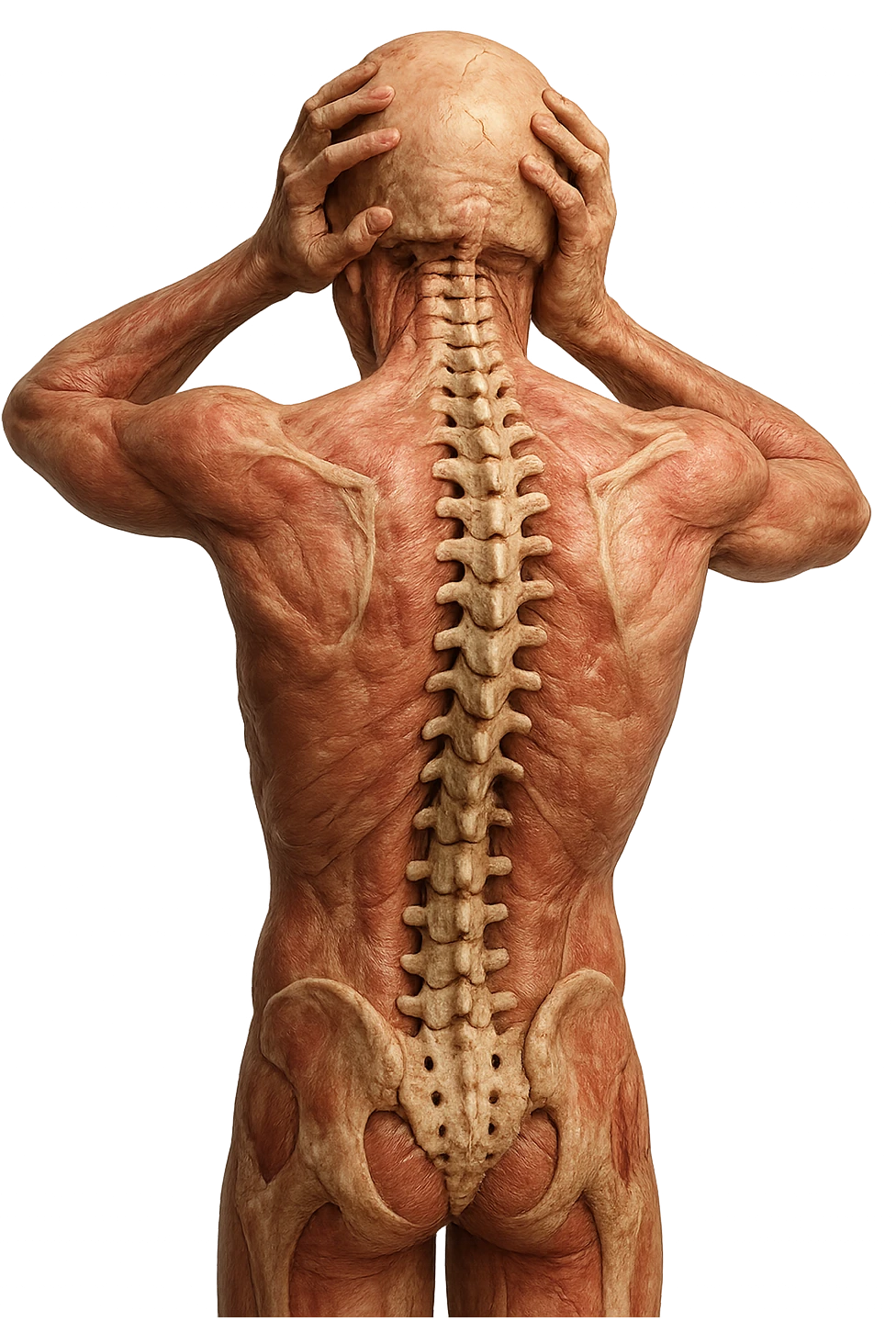 CORPO UMANO ANATOMICO con spina dorsale in evidenza, molto stanca e stressata mentre si tiene le mani sulla testa, IPERREALISTICO 4K emoji