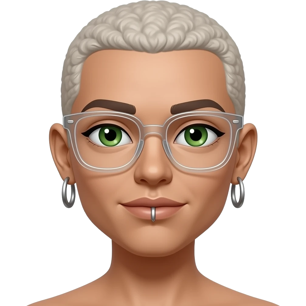 emojis.com de-ella-solo-se-muestra-la-cara.-nada-de-cuello-ni-cuerpo.-es-de-pjiel-morena-y-de-estilo-3d.-tiene-dos-aritos-en-ambas-orejas.-tiene-un-piercing-en-la-boca.-tiene-lentes-tranparentes.-tiene-ojos-verdes un poquito frunzidos. emoji