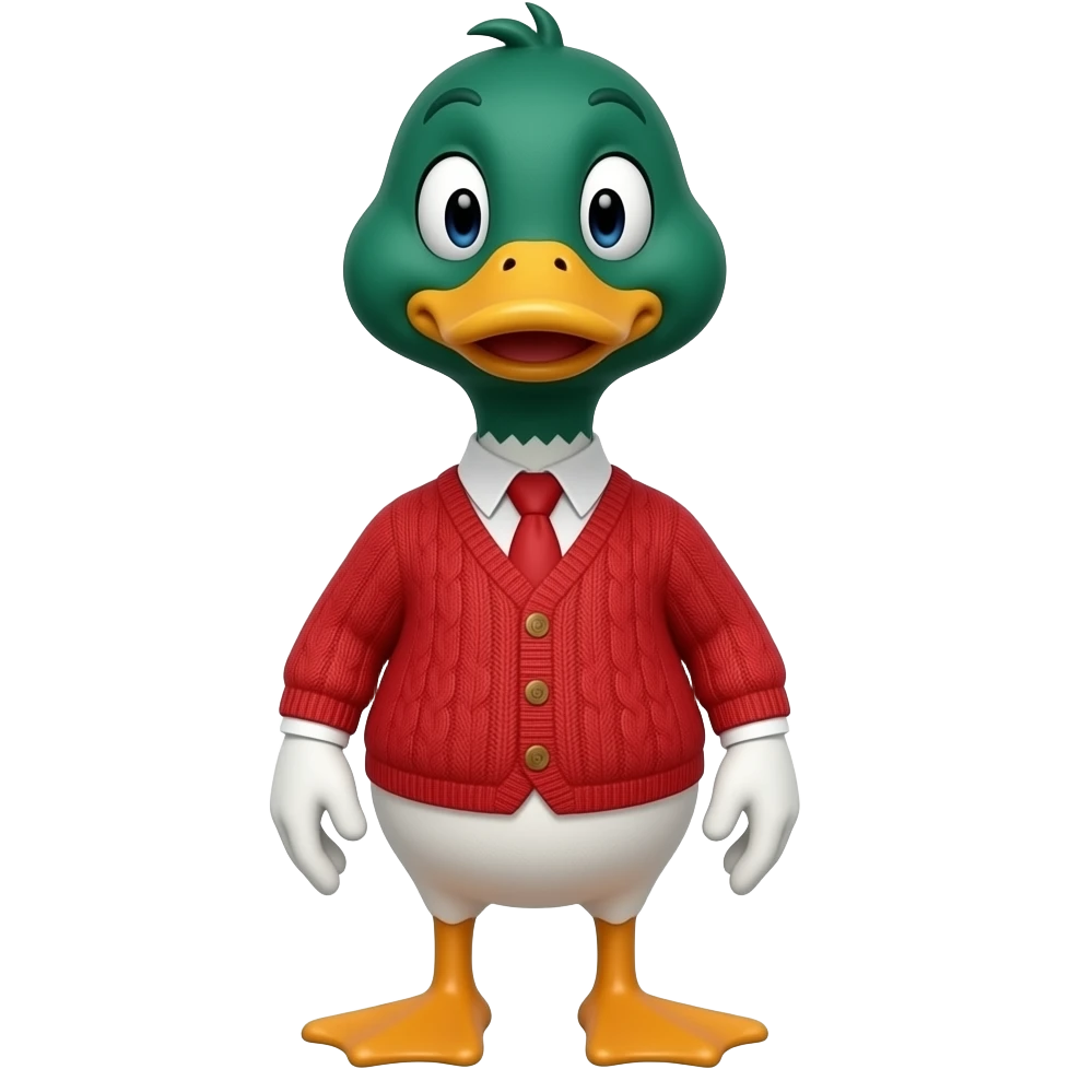 Cartoon male Duck all green orange and red  dress sweater white gloves very tall look goofy and silly and Looney full body emoji