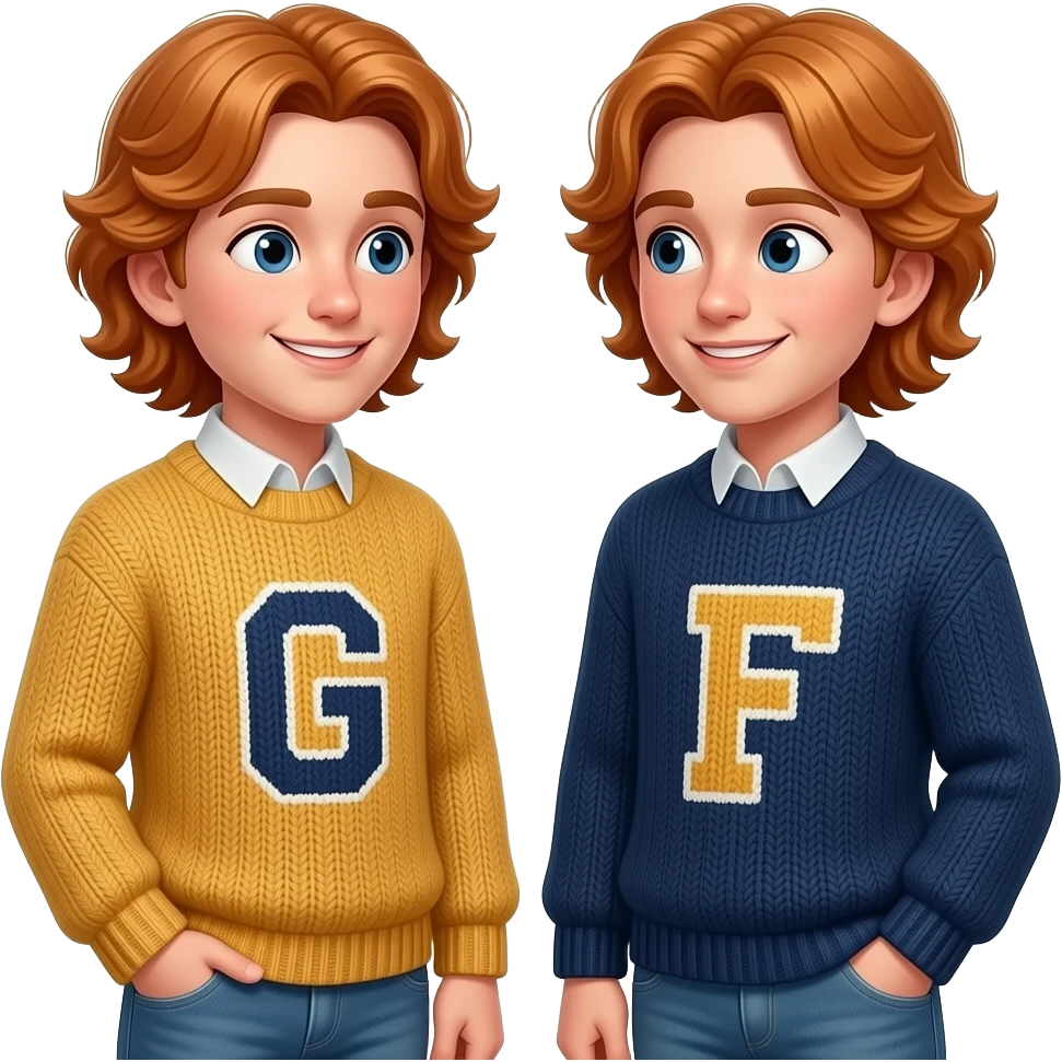 two young men twins, 19-20 years old, ginger long hair, playful smirks, confident expressions, without any glasses, wearing in knitted sweaters with the letters "G" and "F", talking to each other, centered, 3D glossy emoji style, clean background emoji