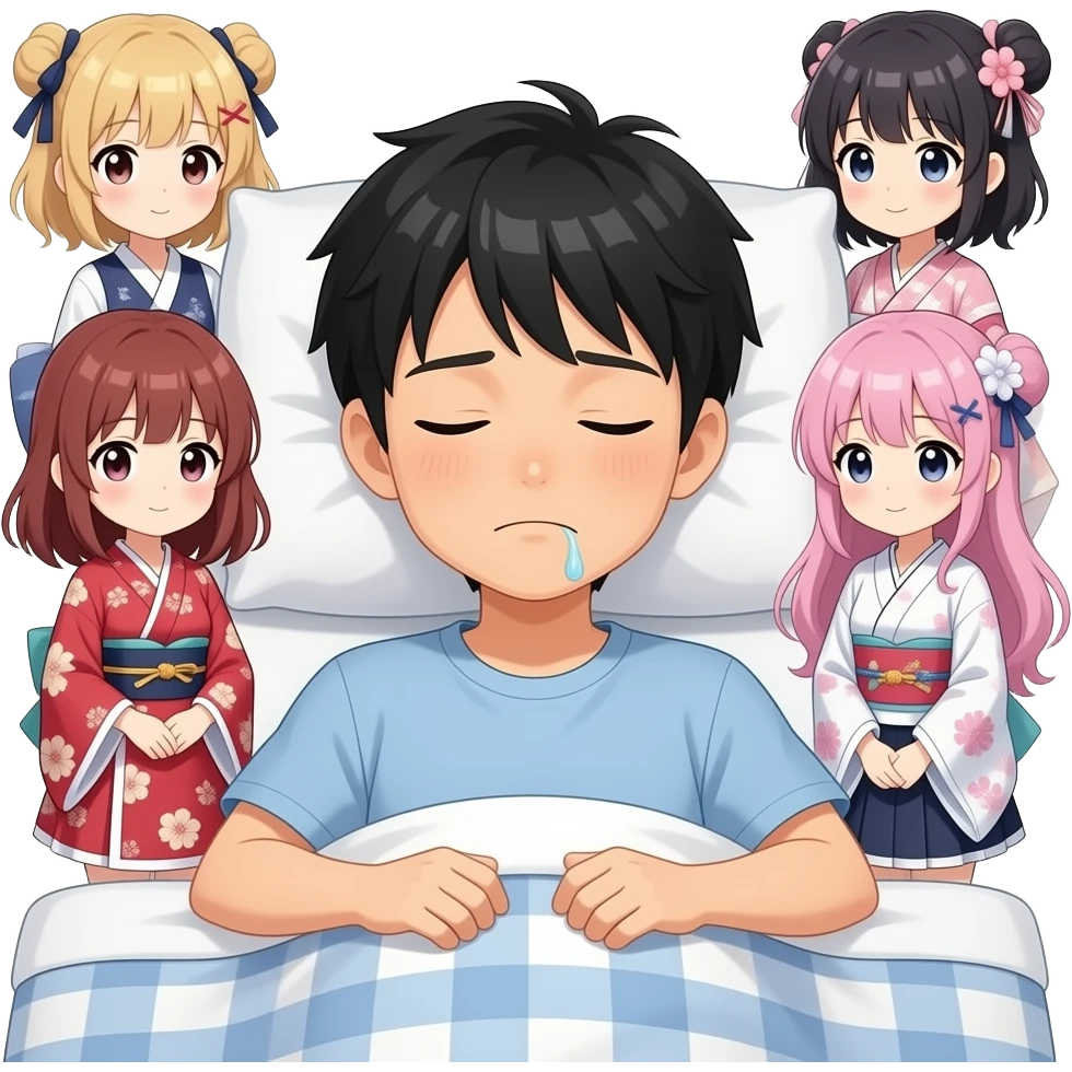22 year old japanese boy sleeping in bed. put japanese culture in the background. Make the japanese boy drool  from his mouth while sleeping. Add anime girls around too emoji