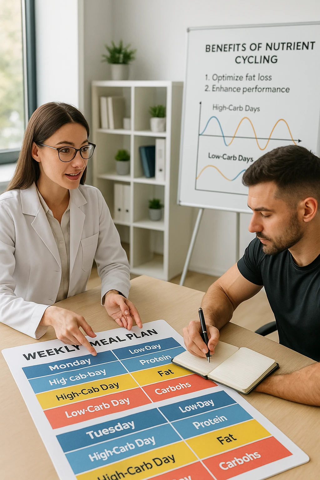 a nutritionist explains to an athlete how to cycle macronutrients for fat loss and training. On the desk, a weekly meal planner shows alternating high-carb and low-carb days, with color-coded sections for proteins, fats, and carbs. The athlete takes notes, and a chart in the background illustrates the benefits of nutrient cycling. The mood is professional and educational. scritto in italiano emoji
