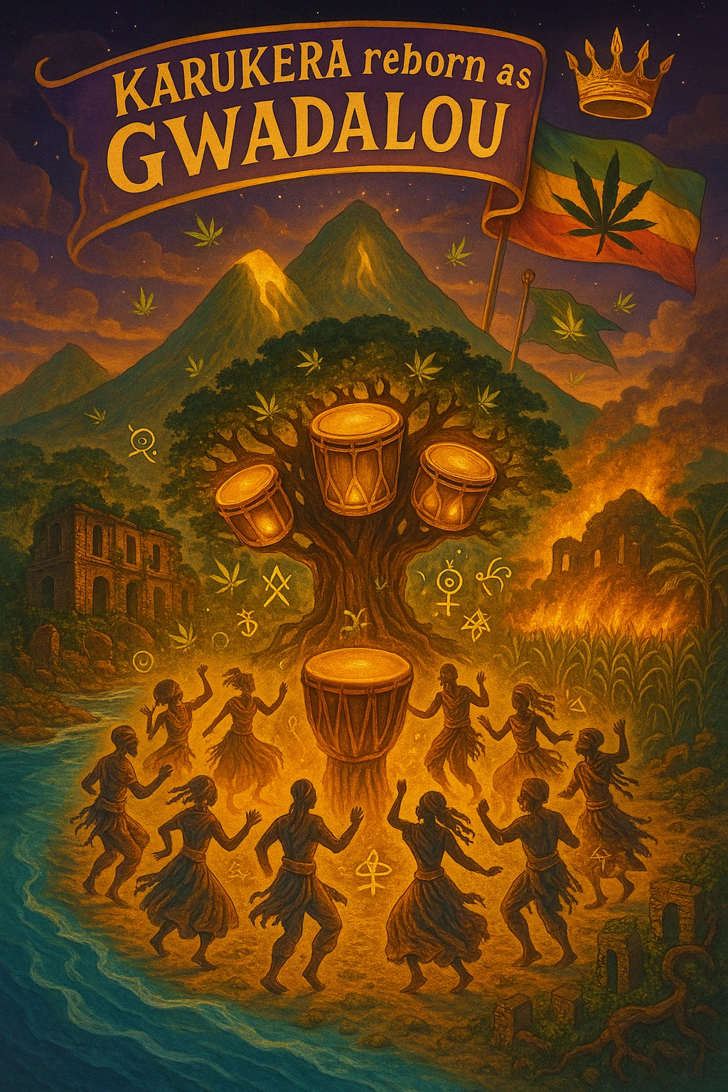 Create a powerful, surreal vision of the Caribbean island Guadeloupe, reimagined as ‘Guadeloupe' — its sacred, sovereign identity restored. The island is lush, tropical, and volcanic, with two green volcanoes glowing golden at the peaks. In the center stands a giant mystical Drum Tree, its branches bearing carved drums instead of fruit, glowing with rhythmic light. Ancestral spirits of African and indigenous lineage dance in a circle around the tree, surrounded by floating ganja leaves and sacred symbols. Sugarcane fields burn gently in the background, symbolizing the end of colonial suffering. Ruins of colonial buildings crumble into the earth, reclaimed by vines and jungle. Above the island, a glowing banner in the sky reads: ‘Karukera reborn as Gwadaloo.’ A ganja-leaf flag waves high in red, green, and gold, and a golden Creole crown floats in the sky above the island — not worn by any man, but held in rhythm. The ocean is turquoise, the light is divine, and the entire scene radiates spiritual victory, cultural remembrance, and cosmic rhythm. Use a warm, cinematic palette of golds, greens, blues, and purples. Style should feel epic, sacred, and symbolic — a rebirth of Caribbean power. emoji