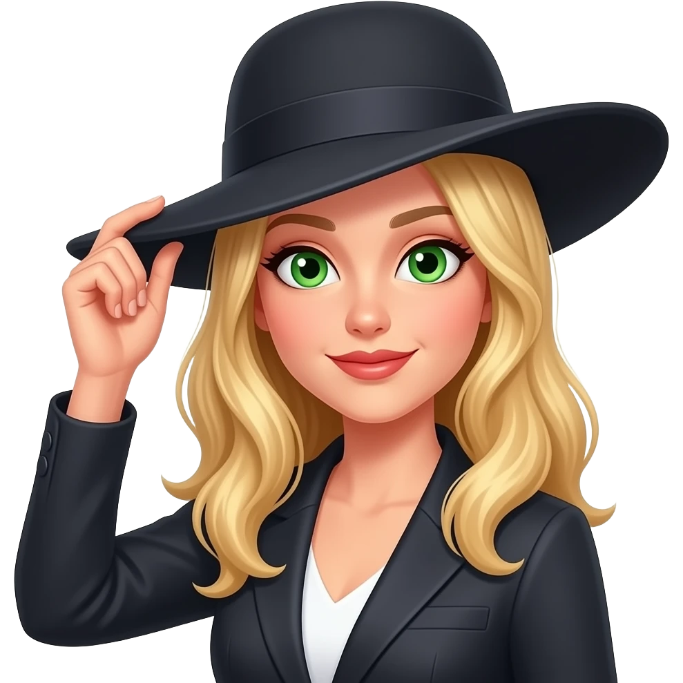 Hat tip sophisticated female blond not in man clothes green eyes emoji