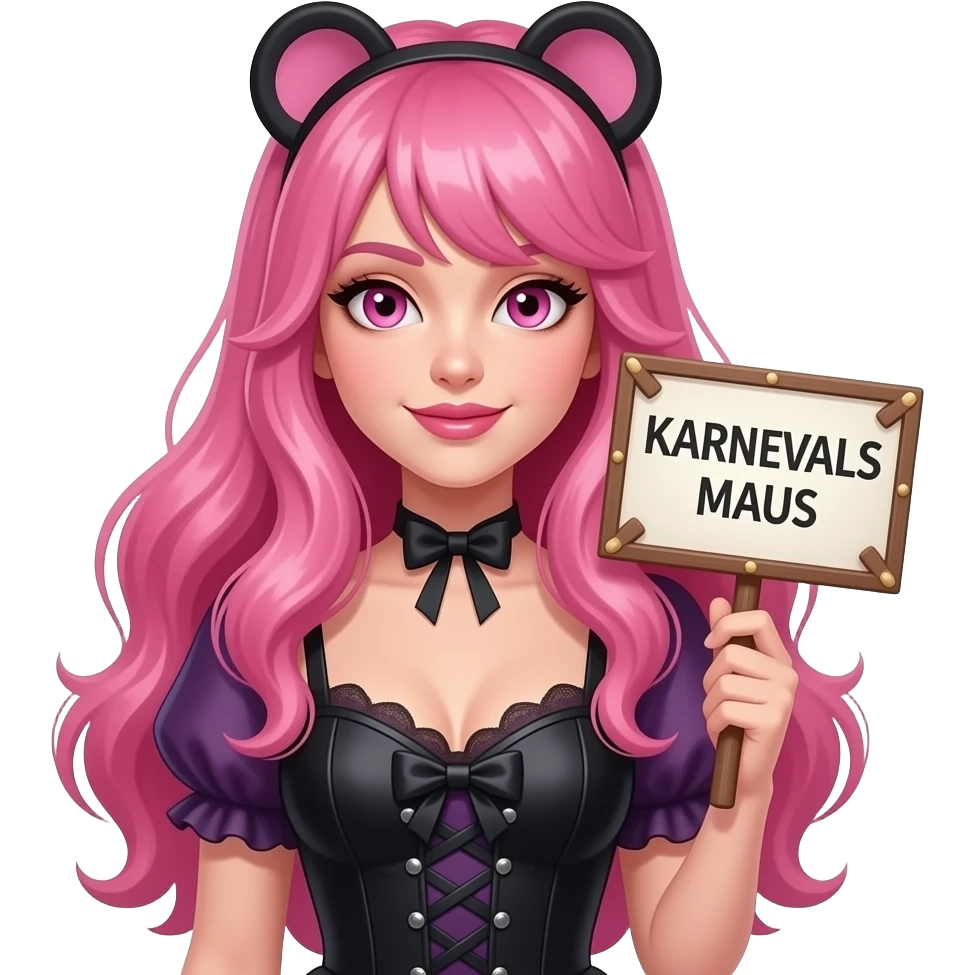 sexy girl with long pink hair and pink eyes wearing a halloween dress holding a KARNEVALS MAUS sign emoji