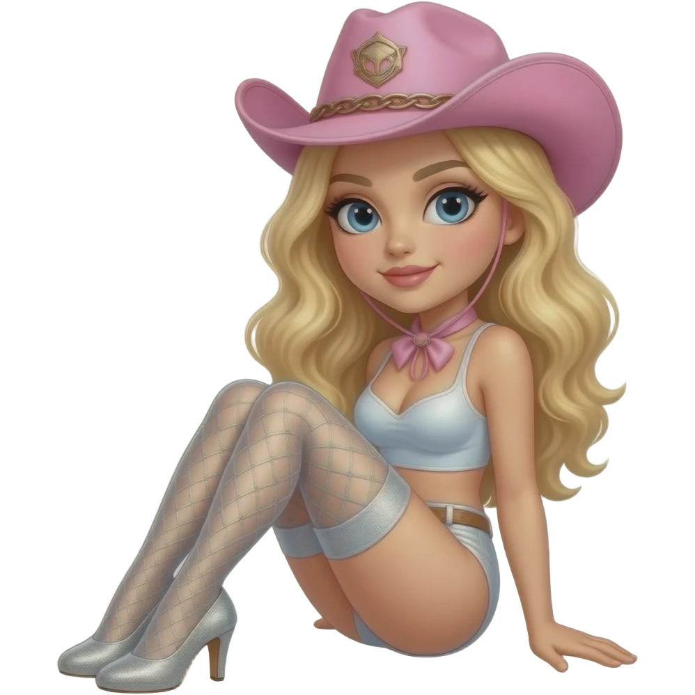 Silver glitter high heels -hold up thigh high stockings female- pink cowboy hat - sexy emoji