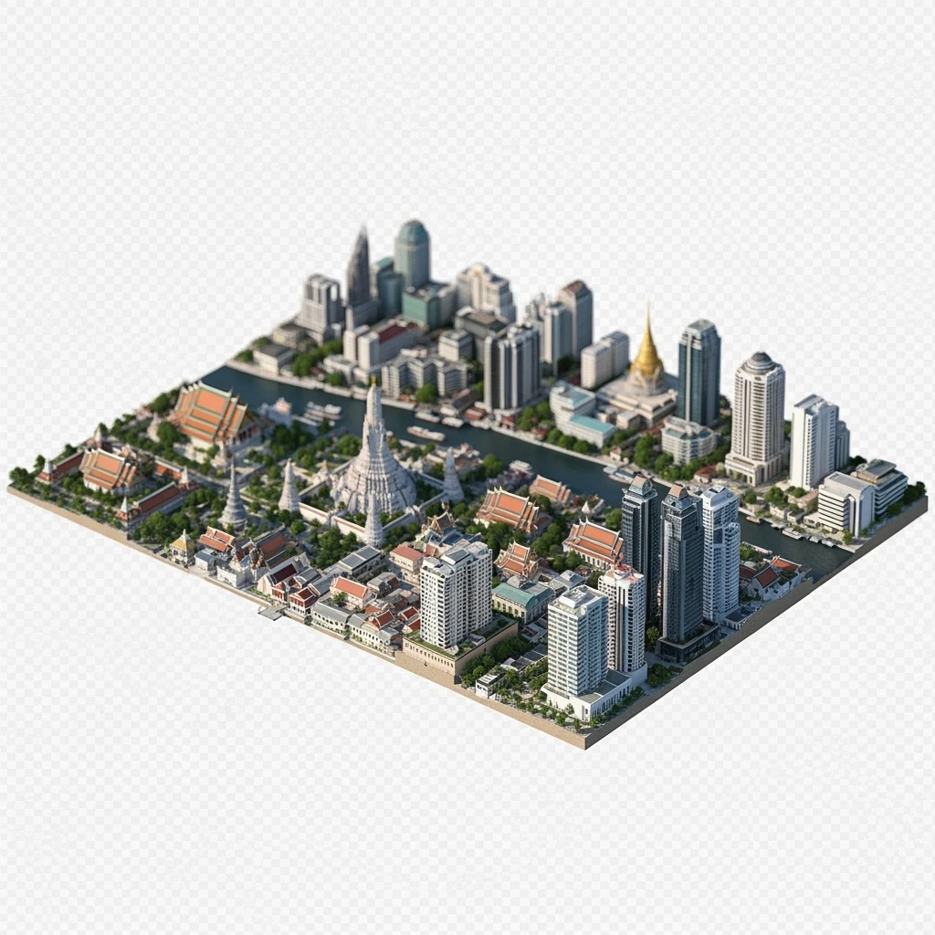 Isometric miniature of Bangkok 3D miniature effect and Tilt Shift effect, no cartoonish look, transparent background. emoji