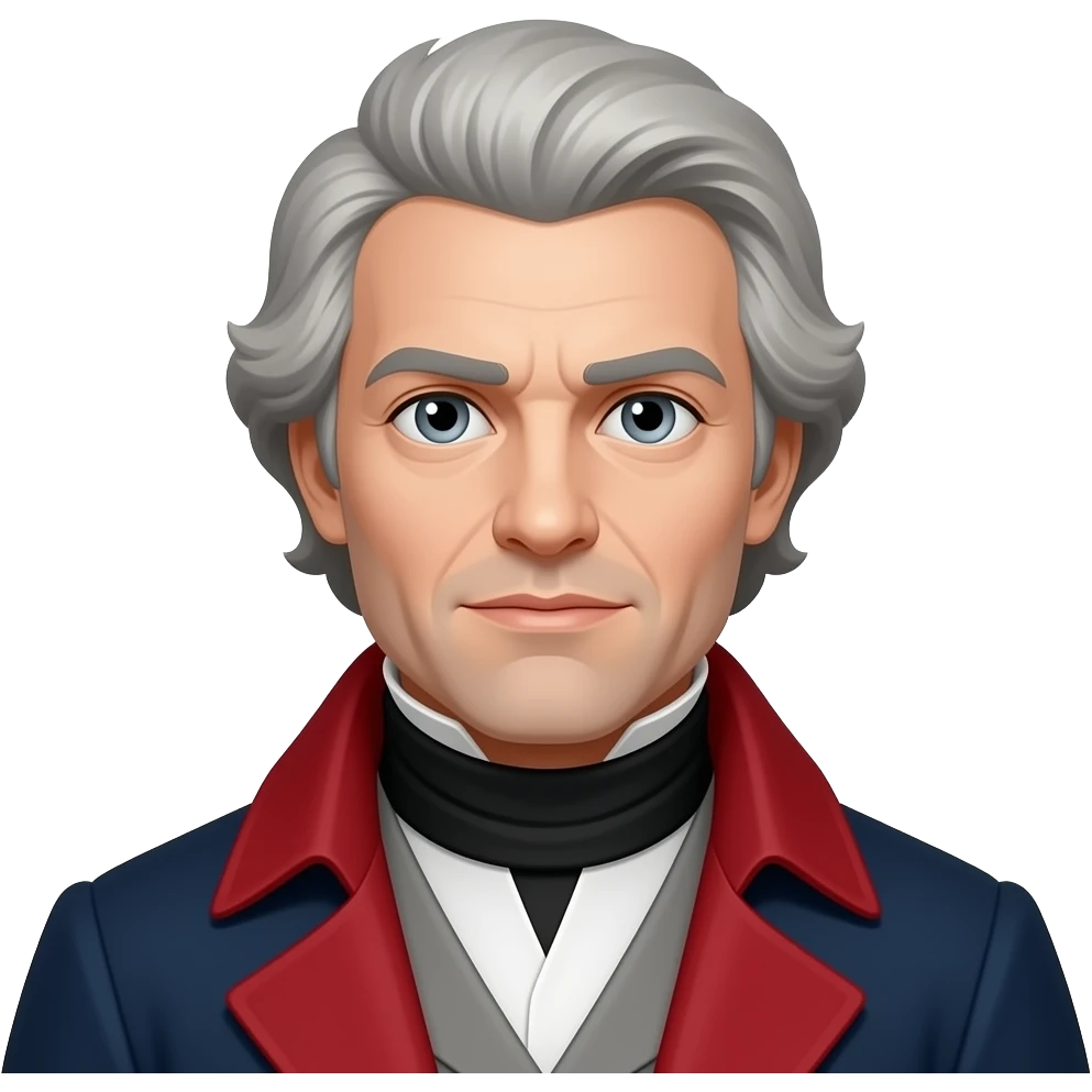 Jean Valjean from Les Mis with gray eyes, light gray hair, red and dark blue overcoat with high collar emoji