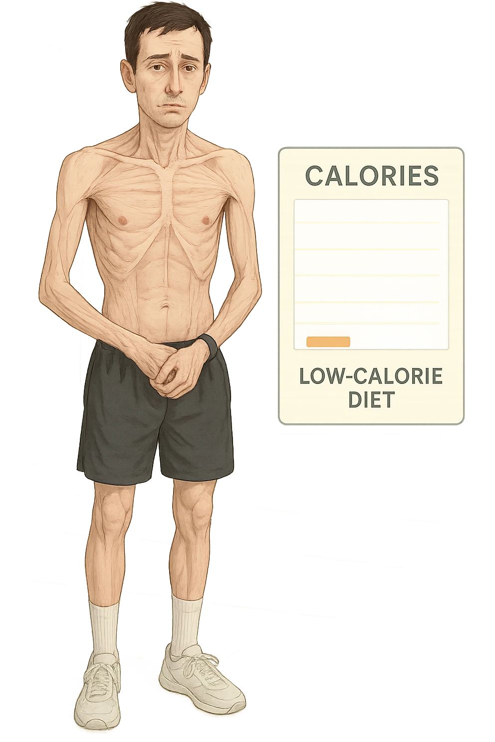 a lean man stands in a clinical setting, with a semi-transparent overlay showing reduced muscle mass and minimal fat stores. His expression is slightly fatigued, and a digital chart beside him displays a low daily calorie intake. The background is clean and modern, emphasizing the effects of a low-calorie diet. emoji