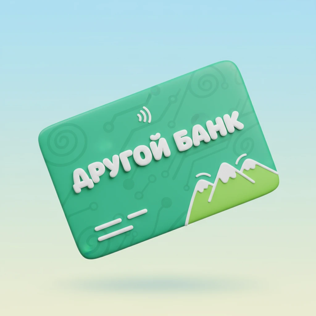 Используя слегка мультяшную, но при этом объемную стилистику cгенерируй кредитную карту на которой написано ДРУГОЙ БАНК, цвет карты зеленый emoji