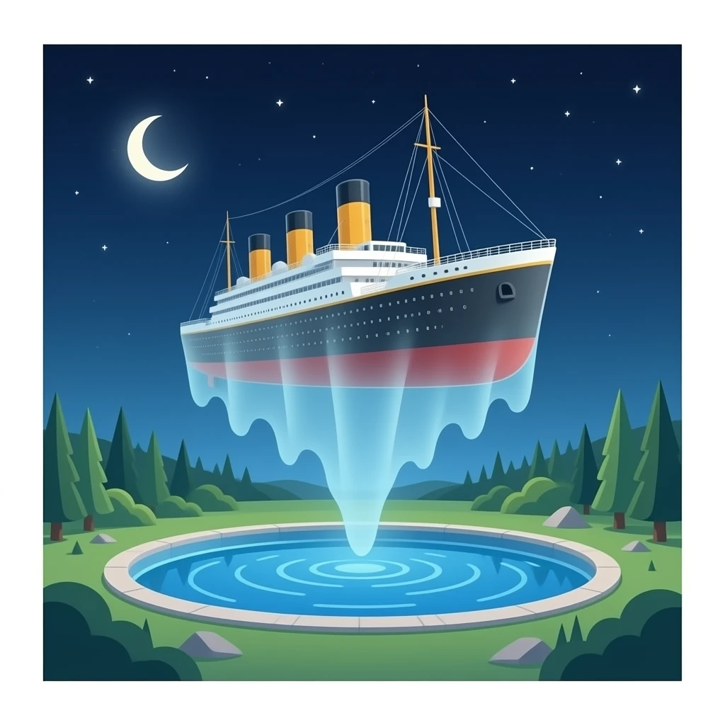 the ghostly ship Titanic hovers in the night sky above a pool of water emoji