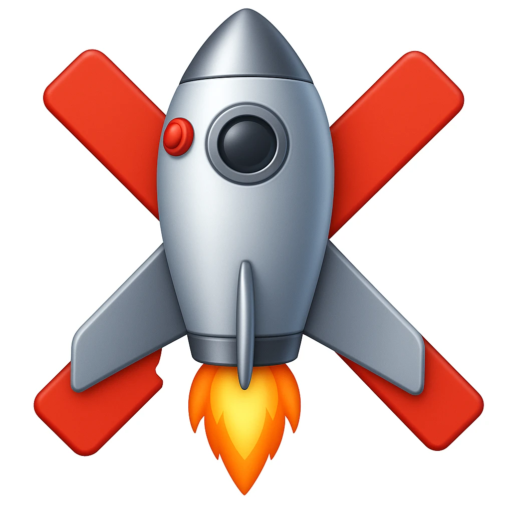 Make the X cross go from side to side, extending outside the rocket, in emoji style. The style should resemble apple style emojis with clear and concise design, focusing on the X cross extending beyond the rocket's sides. emoji