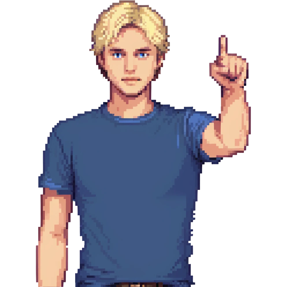 Flat pixel art, confident male leader, Caucasian, short neat blonde hair, sharp eyes, indigo T-shirt, one arm raised pointing out, waist-up, front-facing emoji