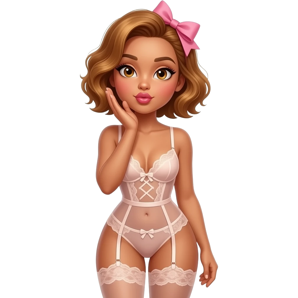 glamours,-tanned,-very-beautiful-woman-with-big-plump-rose-beige-lips,-long-lashes,-honey-silky-very short- hair,-wavy-hair,-with pink bow in hair -hazel-eyes-wearing-nude-lace-lingerie-nude-stilettos-Looks-sexy-winking-blowing-kiss-from-hand,-thighs-up emoji
